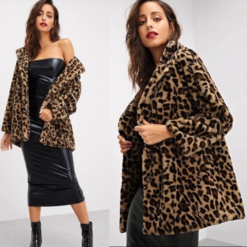 Luxe Camel Leopard Print Vegan Fur Jacket Coat - Picture 2 of 7